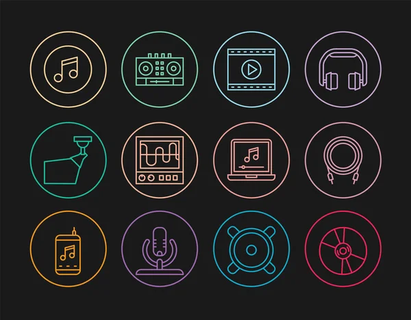 Définir la ligne CD ou DVD disque, Prise audio, Lecture vidéo en ligne, Oscilloscope, Projecteur de film, Note de musique, ton, Ordinateur portable avec musique et DJ à distance et icône de mélange. Vecteur — Image vectorielle