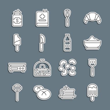 Sabit çizgi dondurma, Spatula, un kasesi, mutfak çırpısı, bıçak, şeker kavanozu ve süt ikonu. Vektör