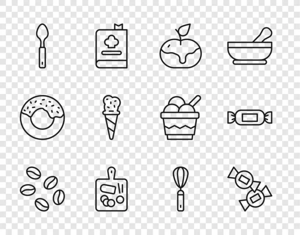 Set hattı kahve çekirdekleri, karamel içinde elma, kesme tahtası, kaşık, dondurma külahı, mutfak çırpısı ve ikonu. Vektör — Stok Vektör