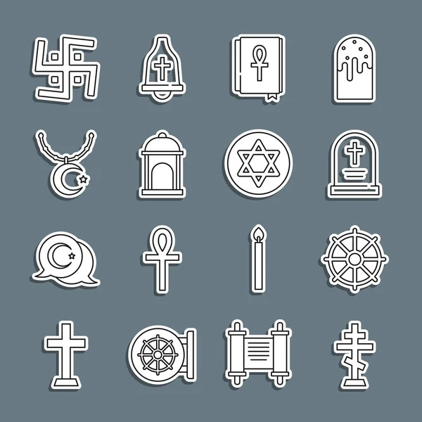 Set line Christian cross, Dharma wheel, Tombstone with, Cross ankh book, Muslim Mosque, Star and crescent chain, Hindu swastika and of David icon. Vector — Stock Vector