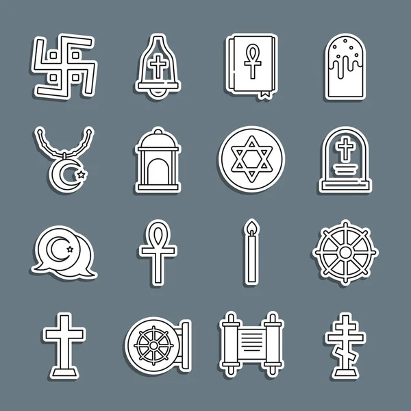 Set line Christian cross, Dharma wheel, Tombstone with, Cross ankh book, Muslim Mosque, Star and crescent chain, Hindu swastika and of David icon. Vector Royalty Free Stock Illustrations