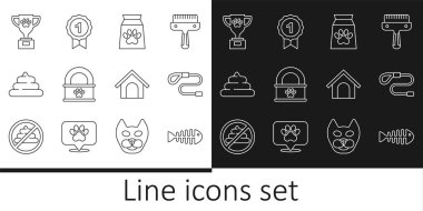 Set line Fish skeleton, Retractable cord leash, Bag of food for pet, Canned, Shit, Pet award, Dog house and symbol icon. Vector