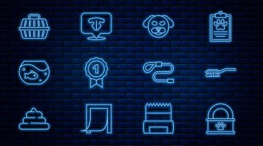 Konserve yiyecek, kedi ve köpek için saç fırçası ödül sembolü, balıklı akvaryum, evcil hayvan taşıma çantası, geri çekilebilir ip tasması ve kedi burun ikonu. Vektör