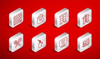 Krep yığını, kavanoz şekeri, arılar için kovan, bal peteği konumu, dipper çubuğu ve ikon. Vektör