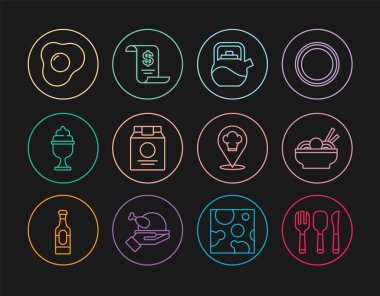 Set hattı, çatal, kaşık ve bıçak, kasede Asya eriştesi, saplı çaydanlık, online sipariş teslimatı, dondurma siparişi, çırpılmış yumurta, aşçı şapkası konumu ve kağıt para kontrol ikonu. Vektör