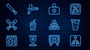 Şampiyonluk serisi, bir bardak bira, ilk yardım çantası, su dolu kağıt bardak çapraz beyzbol sopası, beysbol sopası ve ikon. Vektör