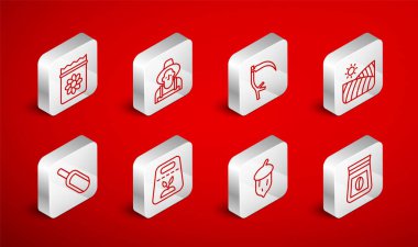 Kahve çekirdeği torbası, şapkalı çiftçi, tarımsal buğday tarlası, meşe ağacı, fındık tohumu, tohum, tam tohum paketi ve kepçe un ikonu. Vektör