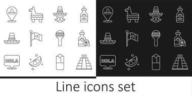Set line Chichen Itza in Mayan, Tequila bottle with lemon, Mexican man sombrero, Mexico flag, Maracas and Pinata icon. Vector clipart
