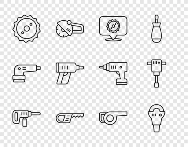 Set line Elektrische boormachine, Hoekfrees, cirkelzaagblad, Reciprocating, accuschroevendraaier, bladtuinblazer en bouwdrilboor icoon. Vector — Stockvector