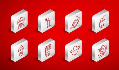 Beyzbol topu, Özgürlük Heykeli, Trompet, Beer pong oyunu, kovboy şapkası, barbekü ızgarası, kağıt bardak ve waffle konisi ikonunda dondurma. Vektör