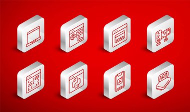 Satır İşlemcisi, Tarayıcı ayarı, Arama motoru, Bilgisayar monitörü, Mobil Uygulamalar, Laptop, Python programlama dili ve Yazılım simgesini ayarla. Vektör