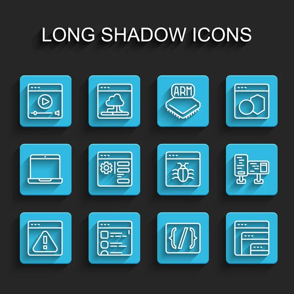Nastavit čáru Prohlížeč s vykřičníkem, soubory, Online přehrávání videa, Programování syntaxe jazyka, Software, Nastavení, Počítač monitoru obrazovky a System bug ikony. Vektor — Stockový vektor
