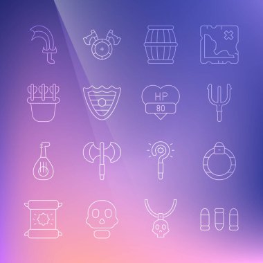 Set hattı Bullet, Magic stone ring, Neptune Trident, Gun barut namlusu, Shield, Quiver with Arrows, Sword for game and Video ikon. Vektör