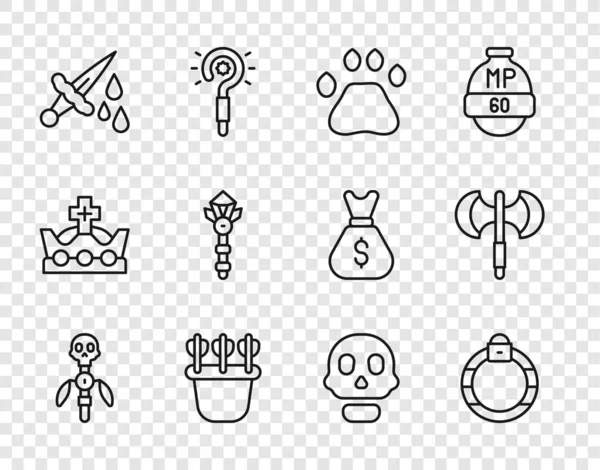 Varázspálcát, kőgyűrűt, medvemancs lábnyomot, nyilas borzongást, kardvért, pálcát, Koponyát és középkori fejsze ikonját. Vektor — Stock Vector