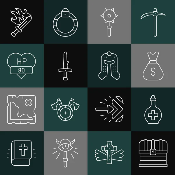 Set line Chest, Bottle with potion, Old money bag, Medieval chared mace ball, Dagger, Video game bar, Sword for and helmet icon. Vector — 스톡 벡터