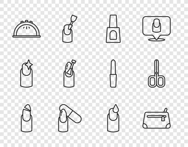 Set line Gebrochener Nagel, Kosmetikbeutel, Flasche Lack, Nagelfeile, Maniküre-Lampe, Maniküre und Scheren-Symbol. Vektor — Stockvektor