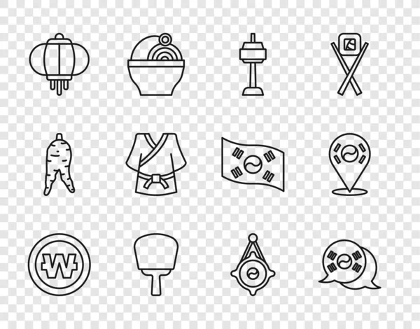 Set line South Korean won coin, flag, N Seoul tower, hand fan, lantern, Kimono, and Location icon. Vector — Stock Vector