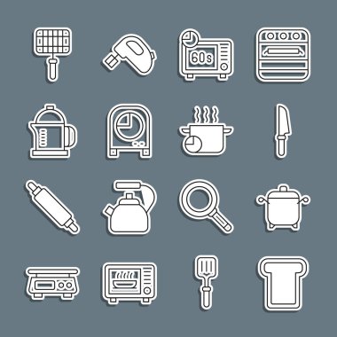Ekmek kızartma, pişirme kabı, bıçak, mikrodalga fırın, mutfak zamanlayıcısı, Fransız presi, ızgara çelik ızgara ve ikon. Vektör