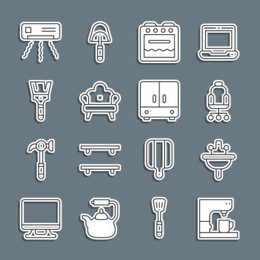 Sıralı kahve makinesi, lavabo, ofis sandalyesi, fırın, kanepe, boya fırçası, klima ve gardırop ikonu. Vektör