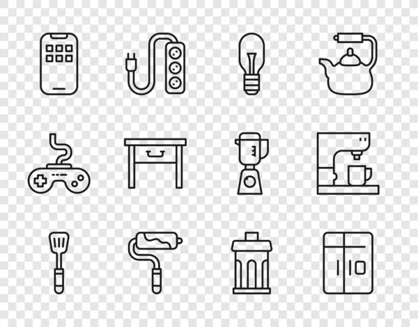 Set line Spatula, Refrigerator, Light bulb, Paint roller brush, Mobile Apps, Furniture nightstand, Trash can and Coffee machine icon. Vector — Stock Vector
