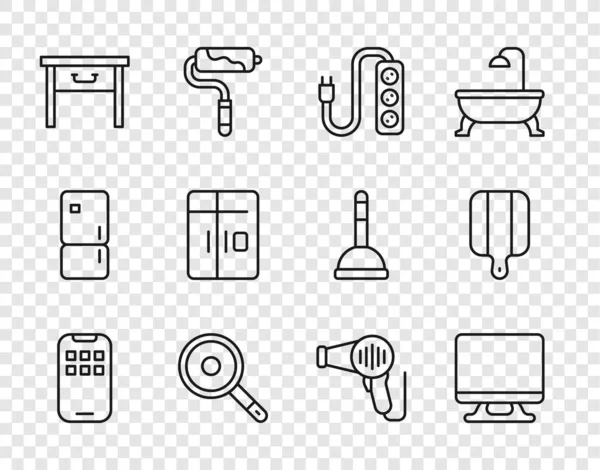 Set line Mobile Apps, Smart Tv, Electric extension, Frying pan, Furniture nightstand, Refrigerator, Hair dryer and Cutting board icon. Vector — Stock Vector