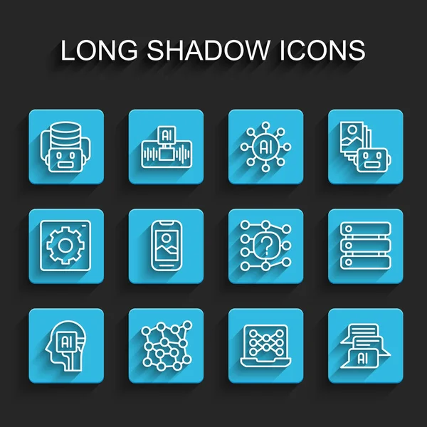 Définir la ligne Humanoid robot, Réseau neuronal, Intelligence artificielle, Chat, Téléphone mobile, Serveur, Données et icône. Vecteur — Image vectorielle