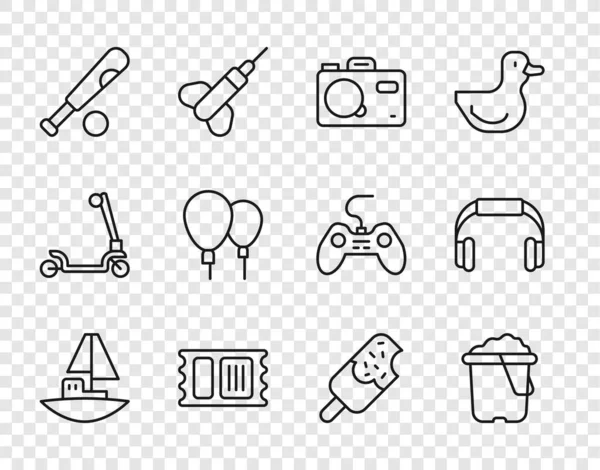 Set line Toy boat, Sand in bucket, Photo camera, Circus ticket, Baseball bat with ball, Balloons, Ice cream and Headphones icon. Vector — Stock Vector