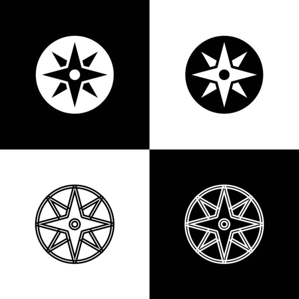 Set Wind rose icon isolated on black and white background. Compass icon for travel. Navigation design. Vector