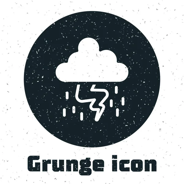 Grunge Storm ikon elszigetelt fehér háttérrel. Felhő és villám jel. A vihar időjárási jelképe. Monokróm vintage rajz. Vektor — Stock Vector