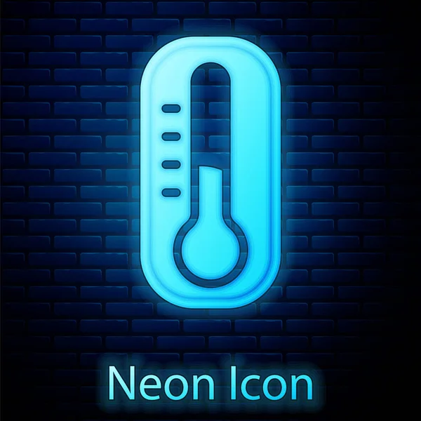 Gloeiende neon Meteorologie thermometer meten pictogram geïsoleerd op baksteen muur achtergrond. Thermometer apparatuur toont warm of koud weer. Vector — Stockvector