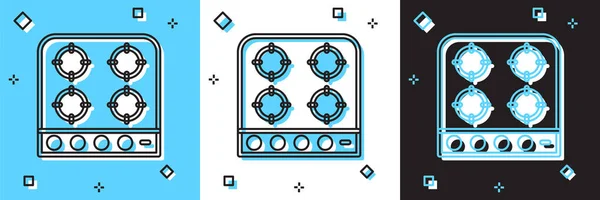 Set icône de cuisinière à gaz isolé sur fond bleu et blanc, noir. Plaque de cuisson. Plaque de cuisson avec quatre brûleurs cercles. Vecteur — Image vectorielle