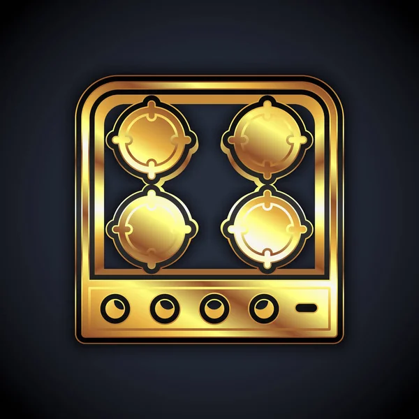 Gold Gas stove icon isolated on black background. Cooktop sign. Hob with four circle burners. Vector — Stock Vector