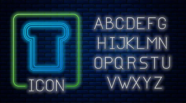 Tuğla duvar arkasında izole edilmiş kızarmış ekmek parçası için parlayan neon ekmek tostu. Öğle yemeği, akşam yemeği, kahvaltı atıştırmalığı. Neon ışıklı alfabe. Vektör — Stok Vektör