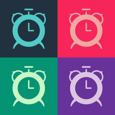 Pop Art Alarm saat simgesi renk arkaplanında izole edildi. Uyan, kalk konsepti. Zaman işareti. Vektör