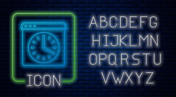 Сяюча піктограма вікна неонового переглядача ізольована на фоні цегляної стіни. Неоновий легкий алфавіт. Векторні — стоковий вектор