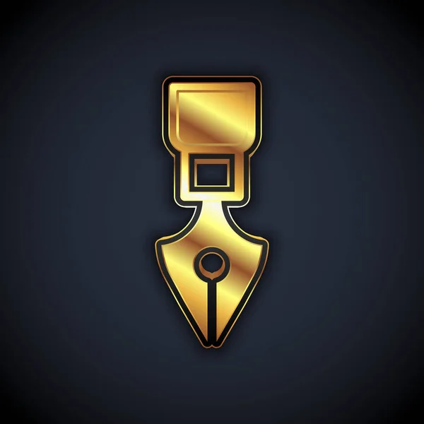 Guld fontän penna spets ikon isolerad på svart bakgrund. Pennans verktygsskylt. Vektor — Stock vektor