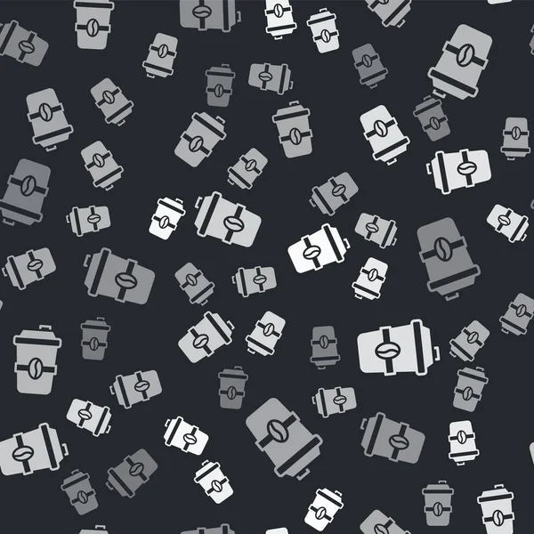 Grey Coffee cup to go icon isolated seamless pattern on black background. Vector — Stock Vector