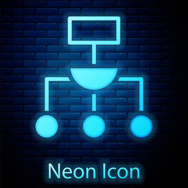 Ikona zářícího neonového algoritmu izolovaná na pozadí cihlové stěny. Návrh symbolů algoritmu ze sbírky Artificial Intelligence. Vektor — Stockový vektor