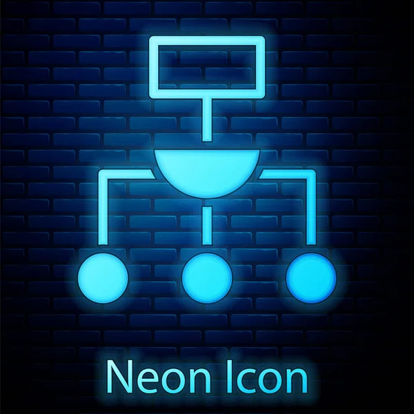 Gloeiende neon algoritme icoon geïsoleerd op baksteen muur achtergrond. Algoritme symbool ontwerp van Kunstmatige Intelligentie collectie. Vector — Stockvector