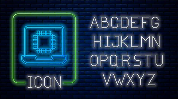 Lumineux néon Processeur informatique avec des microcircuits icône CPU isolé sur fond de mur de briques. Chip ou cpu avec circuit imprimé. Micro processeur. Alphabet néon. Vecteur — Image vectorielle