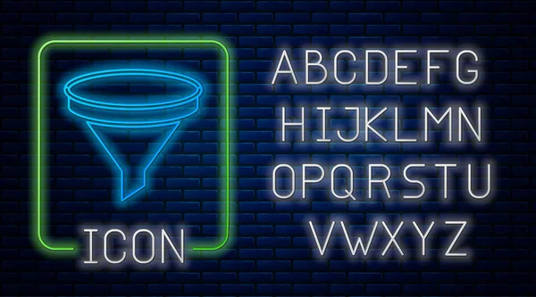 Funil de néon brilhante ou ícone de filtro isolado no fundo da parede de tijolo. Alfabeto claro de néon. Vetor — Vetor de Stock