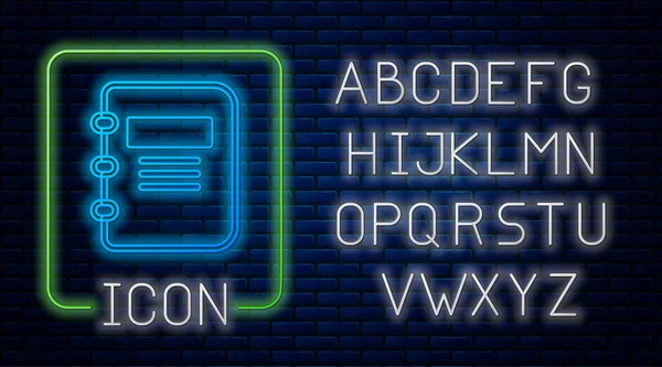 Ícone de Notebook de néon brilhante isolado no fundo da parede de tijolo. Ícone do bloco de notas em espiral. Caderno da escola. Escrita. Diário para a escola. Alfabeto claro de néon. Vetor — Vetor de Stock