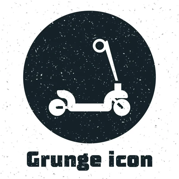 Grunge Roller scooter para crianças ícone isolado no fundo branco. Chute scooter ou bicicleta de equilíbrio. Desenho vintage monocromático. Vetor — Vetor de Stock