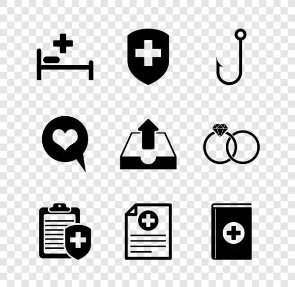 Набор больничной койки, медицинский щит с крестом, рыболовный крючок, Буфер медицинской страховки, Клиническая запись и книга значок. Вектор — стоковый вектор