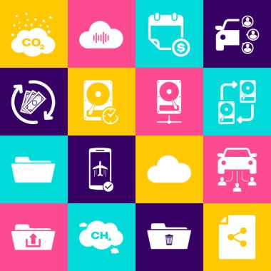 Paylaşım dosyasını, araba paylaşımını, HHD, Finansal takvim, Sabit disk sürücüsü ve para iadesi simgesi ile veri alışverişini ayarla. Vektör