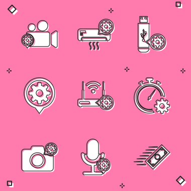 Video kamera ayarları, klima, USB flash disk, ayarlama, Router ve wi-fi ve zaman yönetim simgesi. Vektör