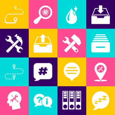 Konuşma baloncuğunu horlama, konum servisi, çekmece belgeleri, temiz su damlası, gelen kutusunu, çapraz çekiç ve ingiliz anahtarı, rota konumu ve simgesi ile ayarla. Vektör