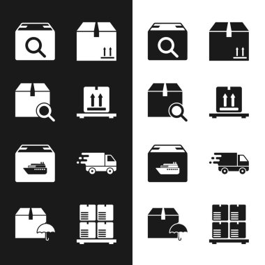 Karton kutuları palete, arama paketine, trafiğe, kargo gemisine, nakliye kamyonuna ve şemsiye simgesine ayarlayın. Vektör