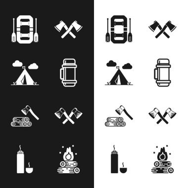 Termos konteynırı, bayraklı turist çadırı, rafting botu çapraz ahşap balta, tahta ve kamp ateşi ve ikon. Vektör