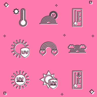 Meteoroloji termometresini, güneşli Gökkuşağını, ultraviyole ışınlarını, kalbi, bulutları ve ikonu ayarla. Vektör